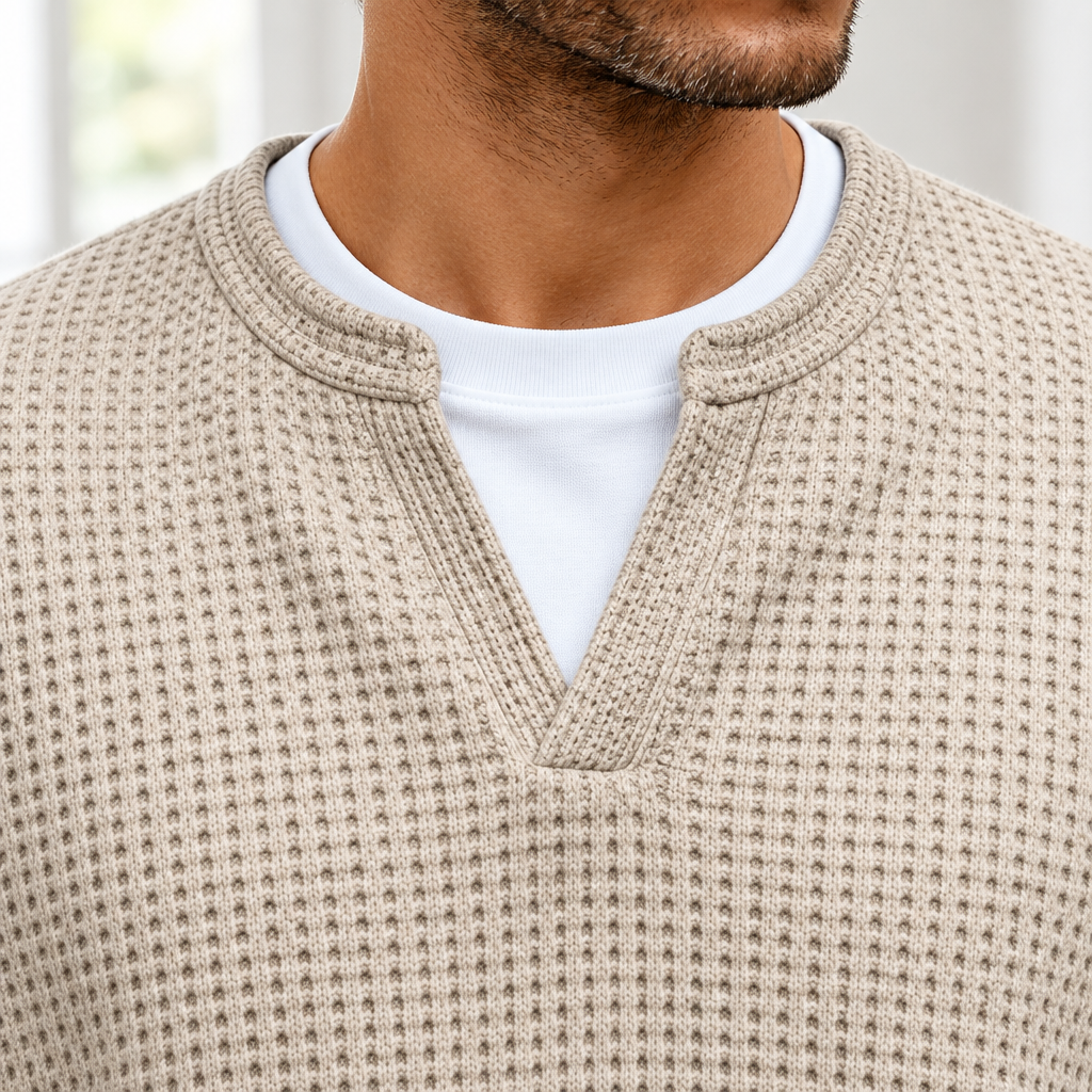 Built-in tee collar and waffle knit close-up